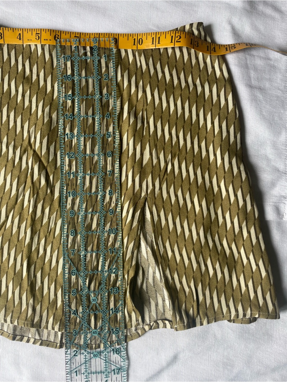 Reformation Olive Green and Cream Geometric Mini Skirt - Picture 3 of 5